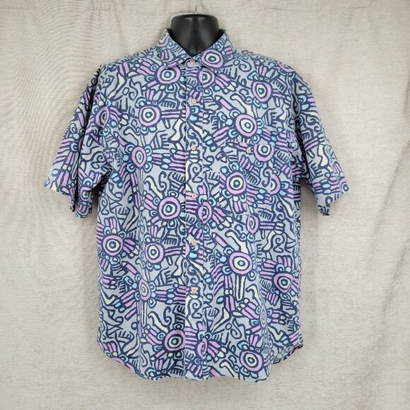 Gitano Vintage Men's Abstract Patterned Button Up Casual Shirt Blue and Purple - Picture 4 of 11